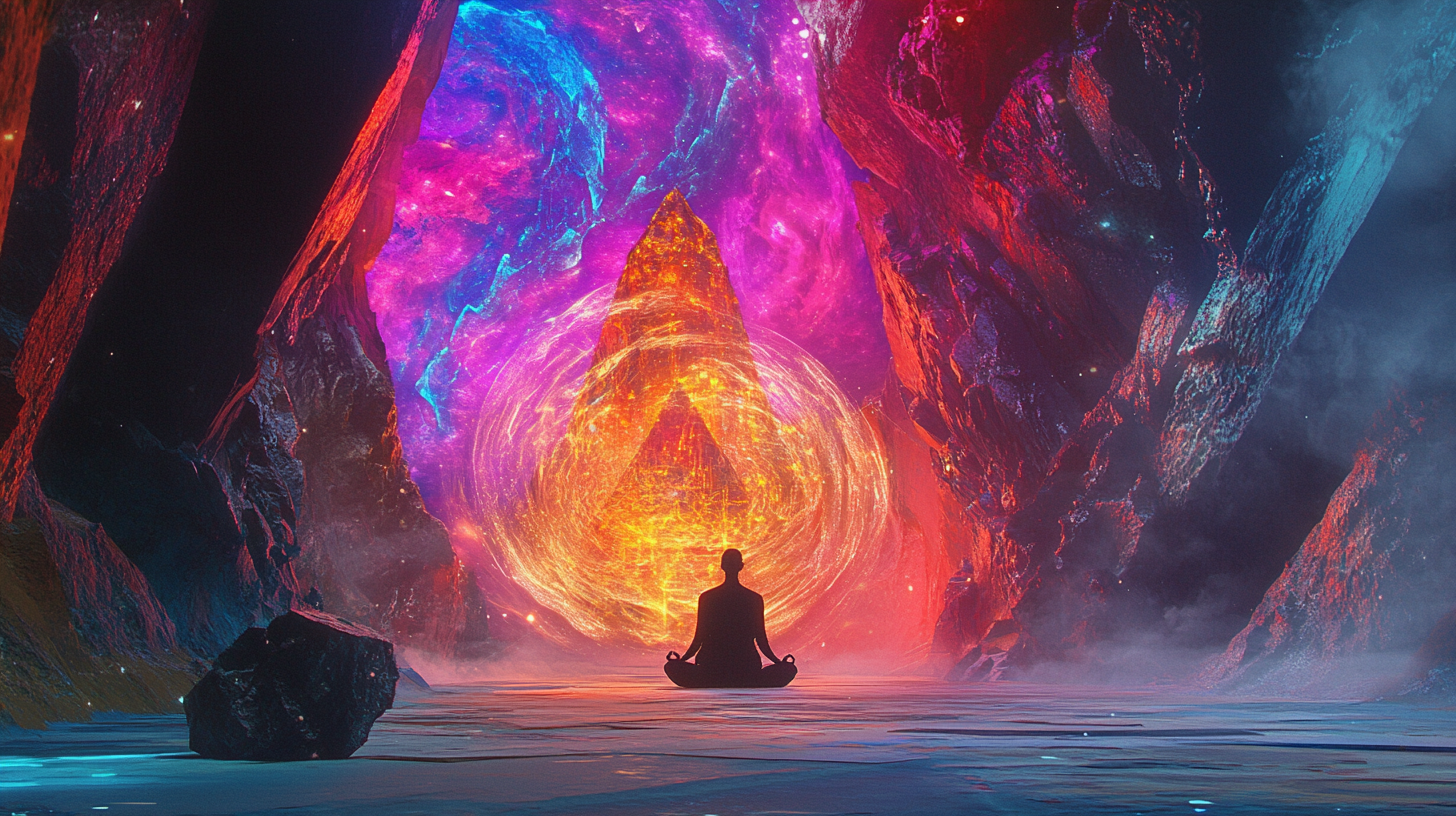 A Magical Meditating Figure in Vibrant Cosmic Cave.