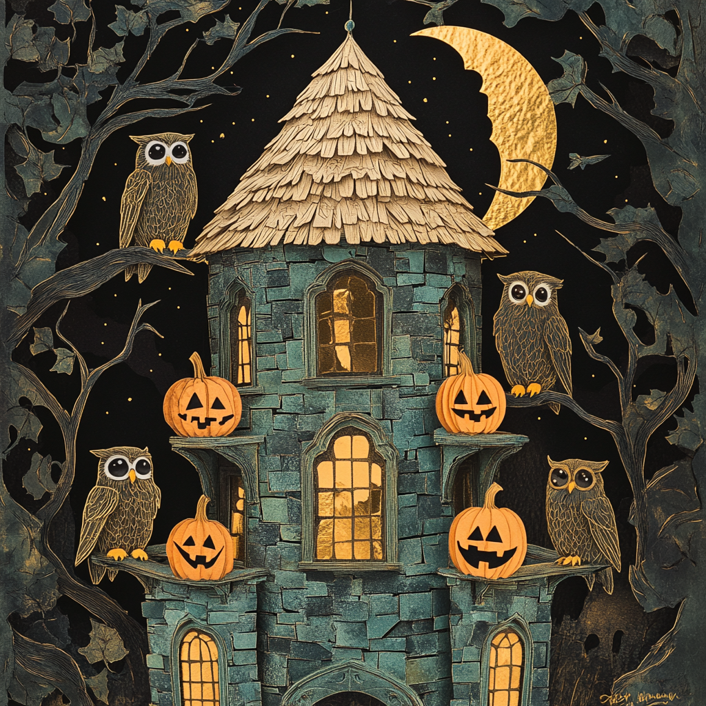 A Magical Owlery with Happy Pumpkins and Moon