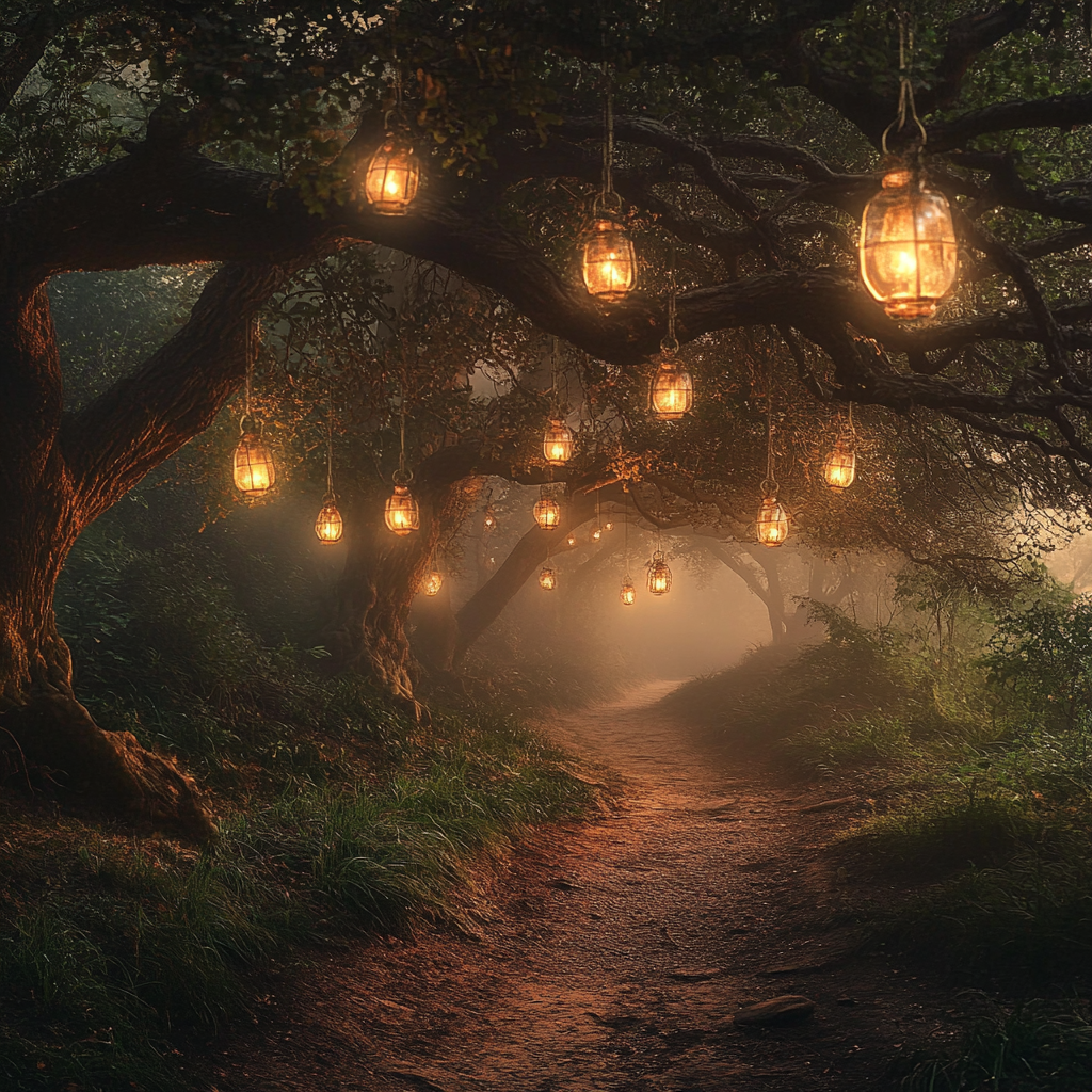 A Magical Sunrise Path with Lanterns and Pumpkins