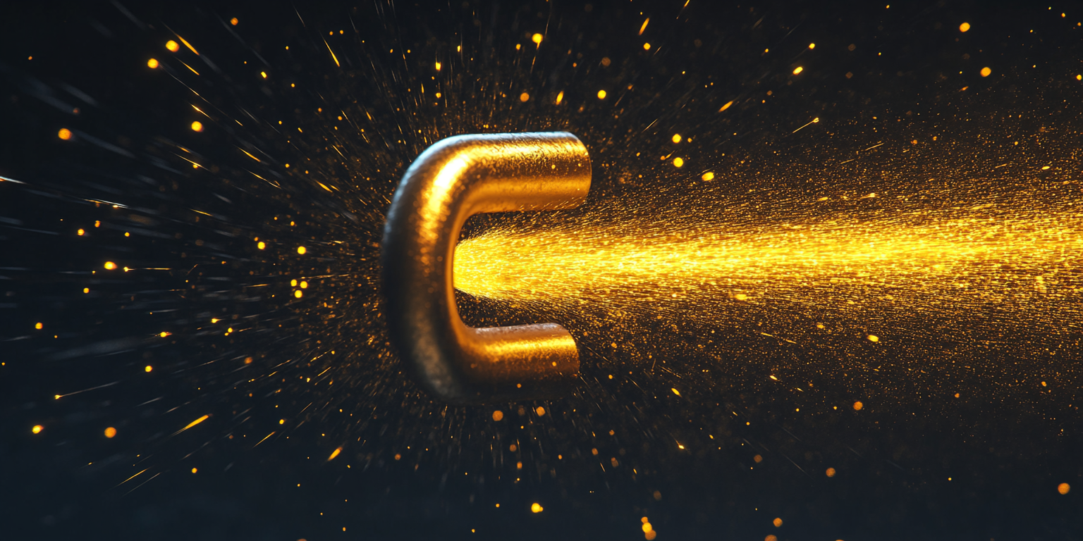 A Magnet attracting and repelling metal objects in yellow