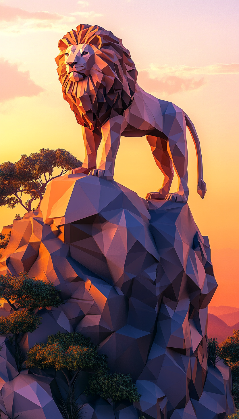 A Majestic Lion Stands on Cliff at Sunset.