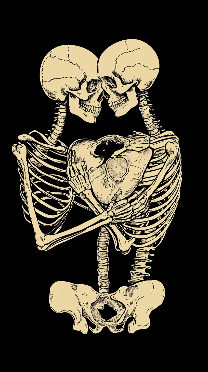 A Male and Female Skeleton Embracing on Black