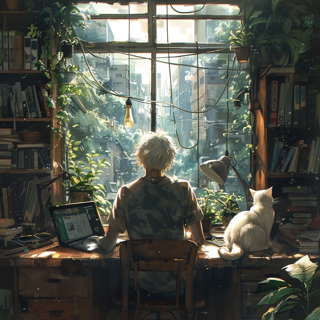 A Man, Cats, Forest Cityscape: Contemplative Cozy Workspace