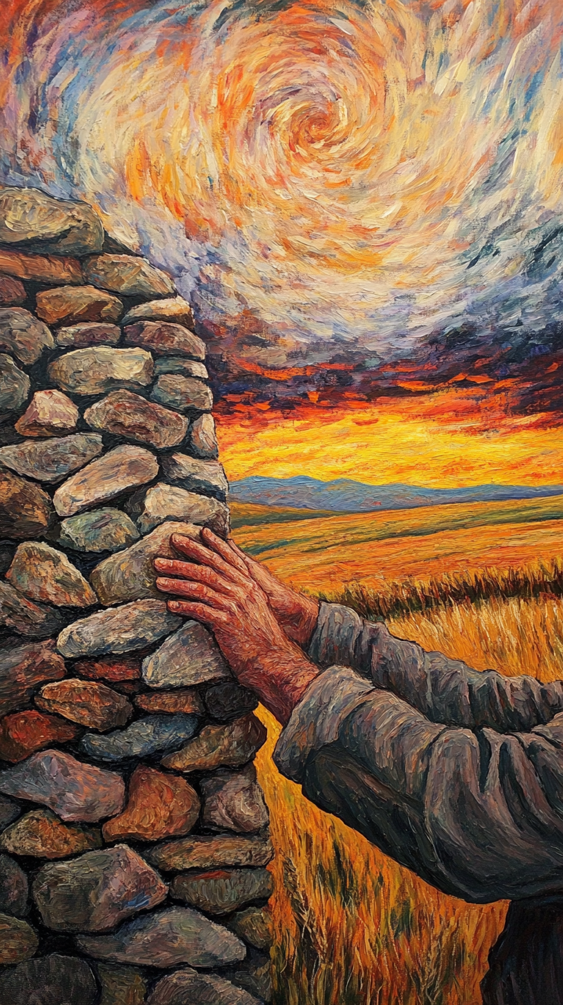 A Man Building a Stone Wall at Sunset