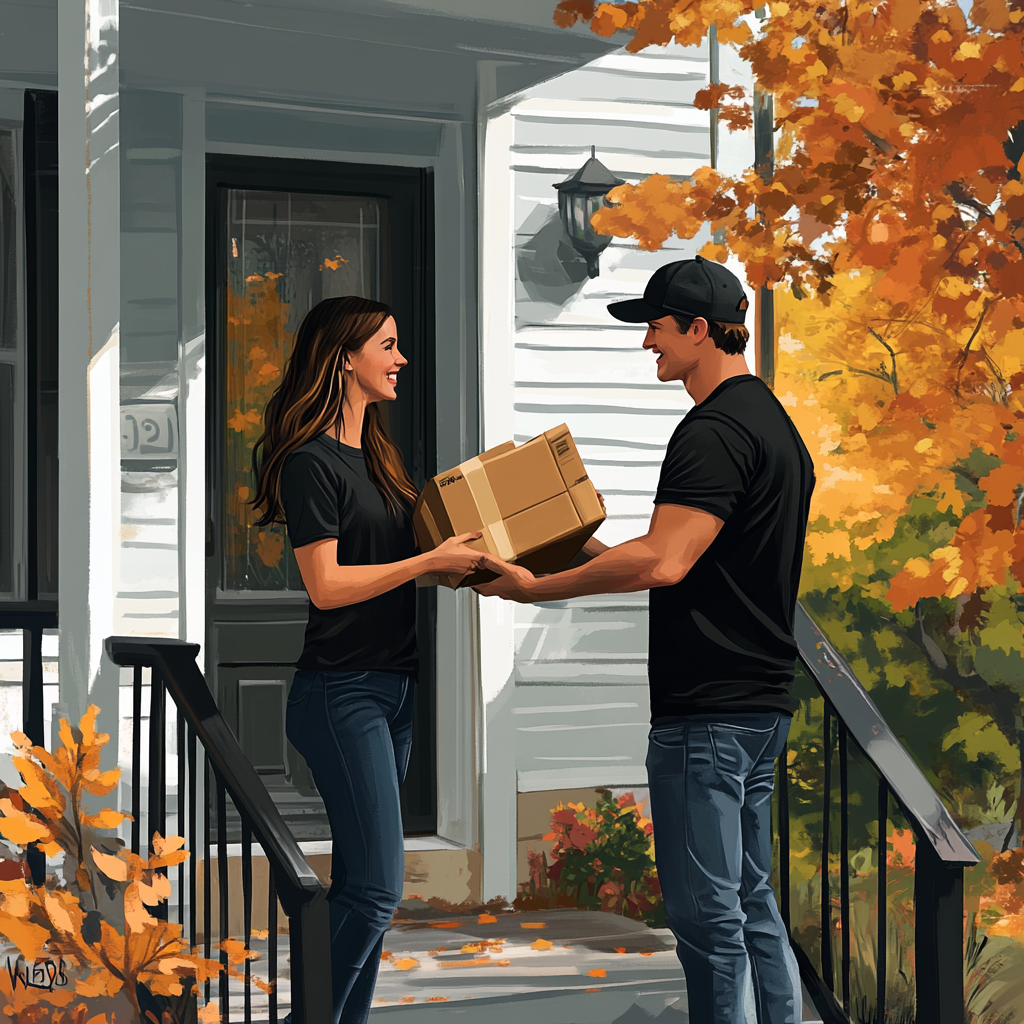 A Man Delivering a Package to a Woman