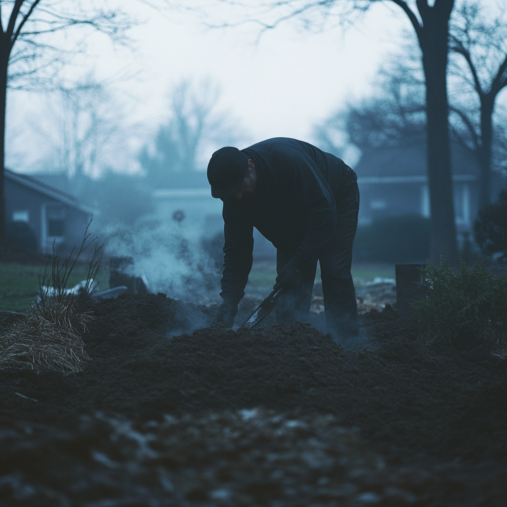 A Man Digging a Moody Grave at Dusk