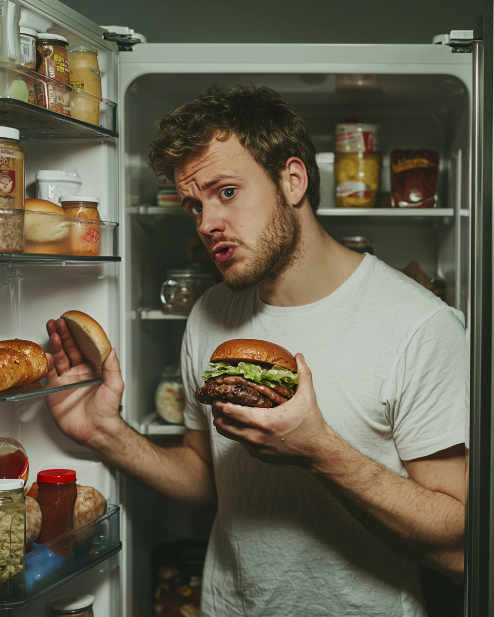 A Man Eating Burger with Mayonnaise in Hand