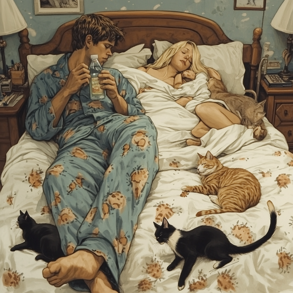 A Man Holding Bottle, Cats Sleeping in Bed