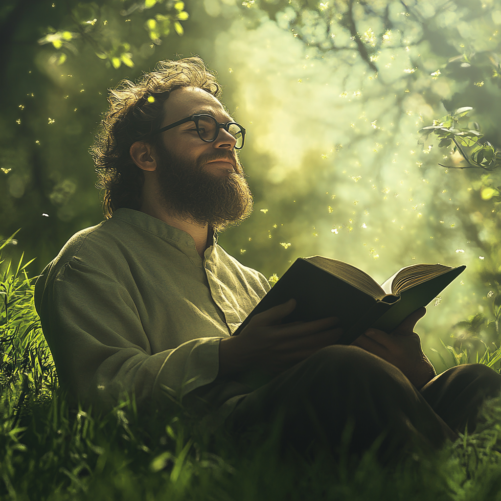 A Man Reading The Bible in Nature, Realistic.