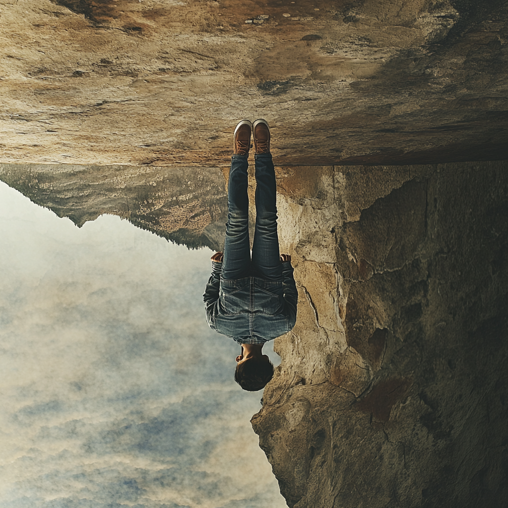 A Man Reflecting in Upside-Down Scenery Mirror