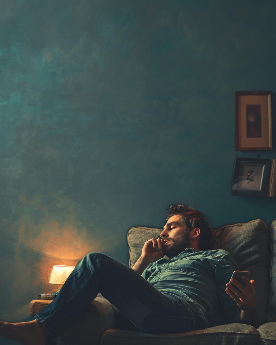 A Man Relaxing on Sofa, Phone in Hand