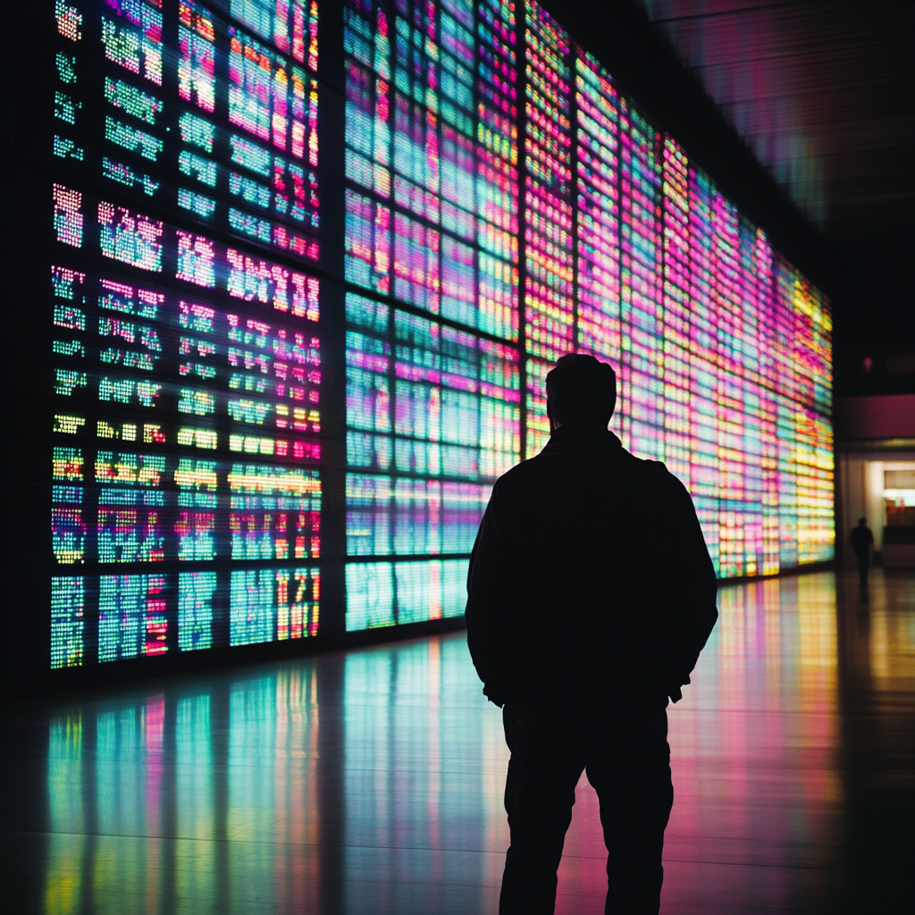 A Man Silhouetted Against Vibrant Departure Board