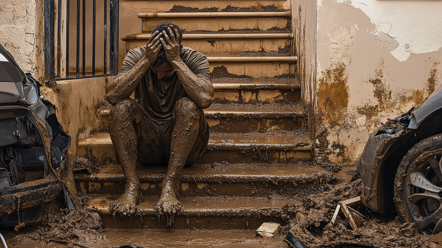 A Man Sitting on Muddy Stairs After a Flood