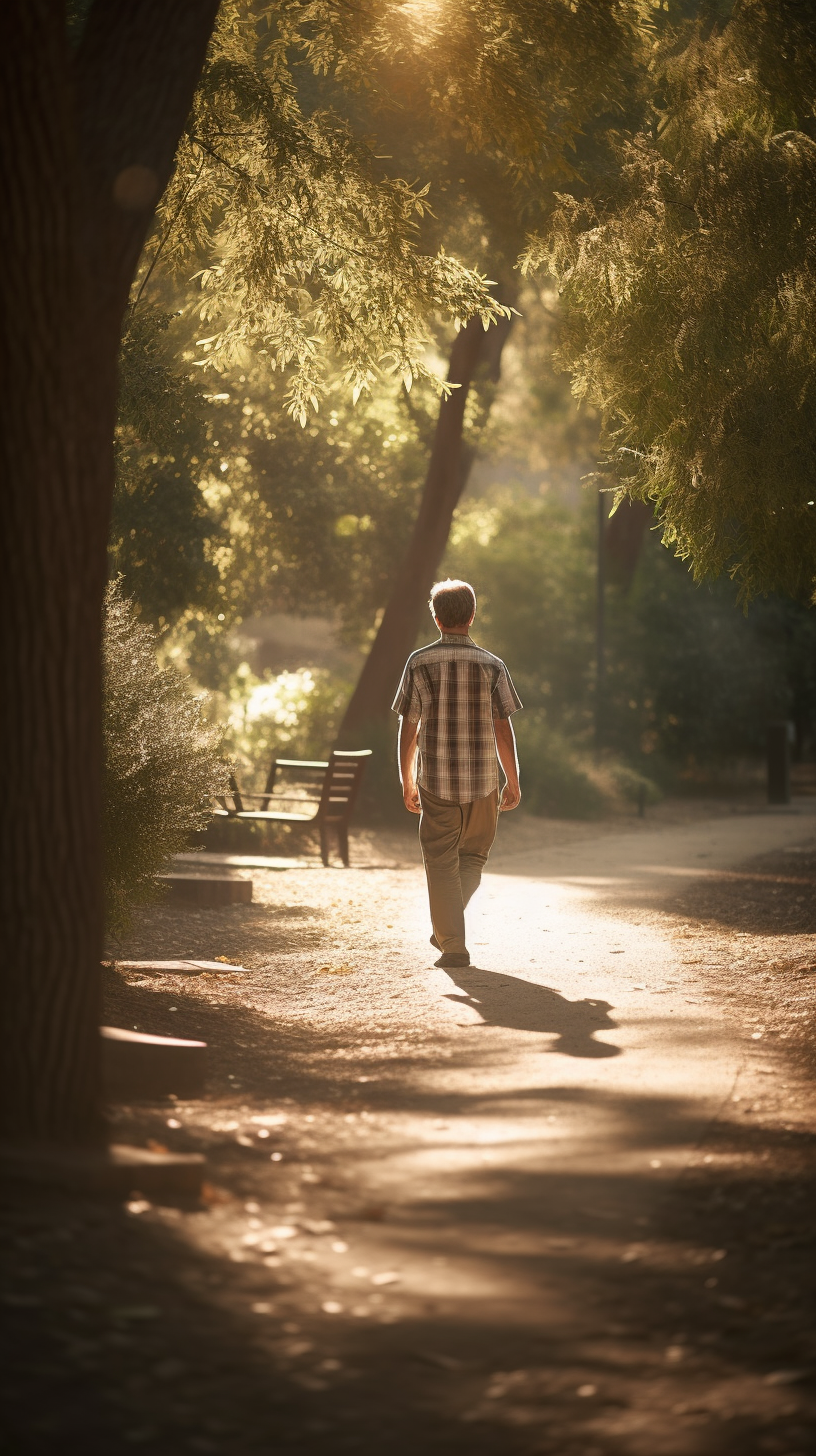 A Man Walking Through Sunlit Park Afternoon