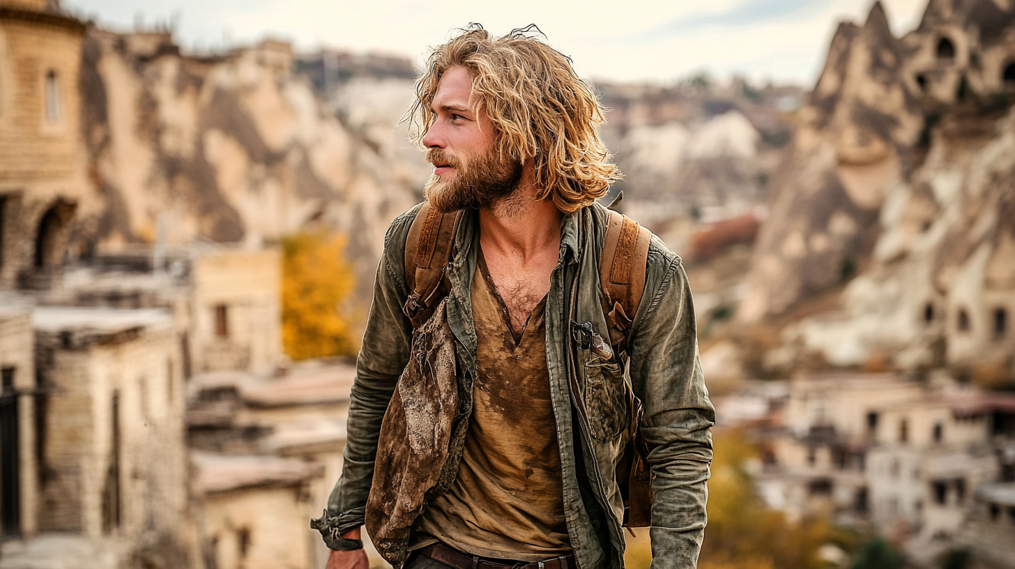 A Man Walking in Cappadocia with Epic Architecture