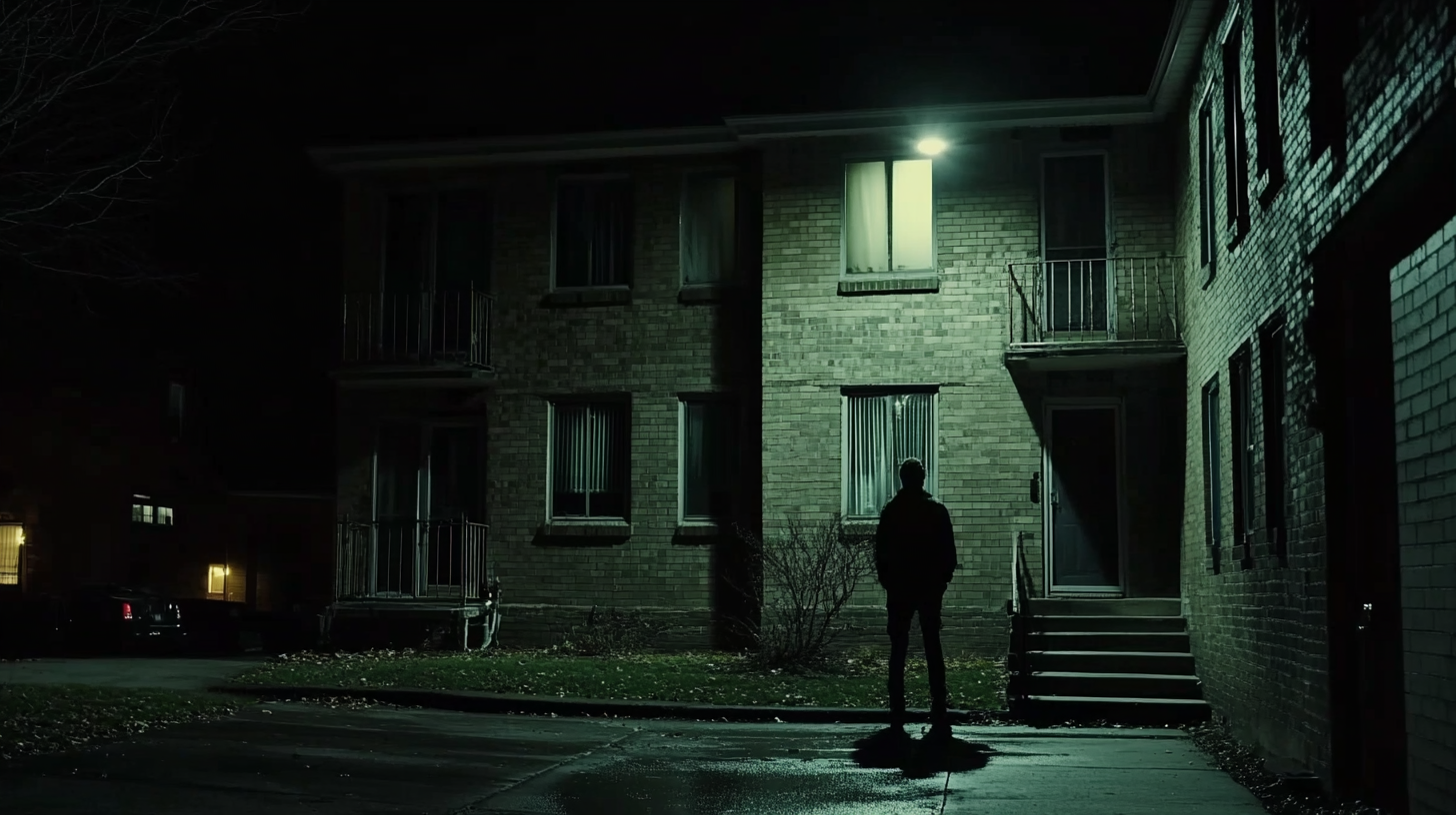 A Man Watches Dark Apartment Complex at Night