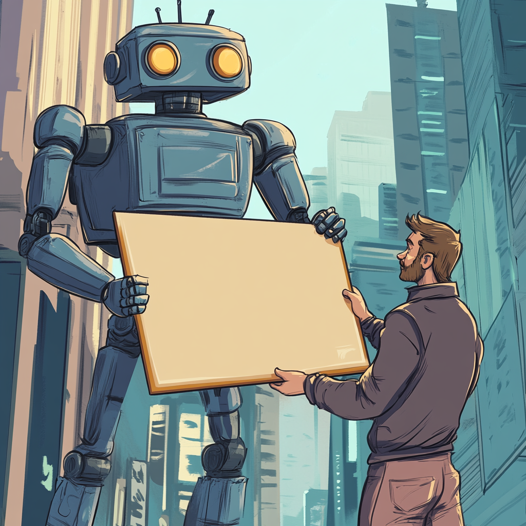 A Man and Robot with Oversized Project Board