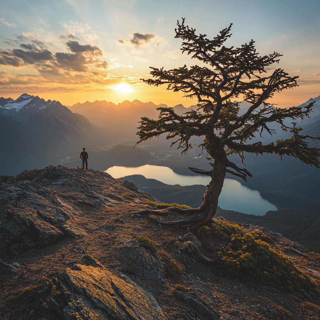 A Man and Tree on Mountain Slope