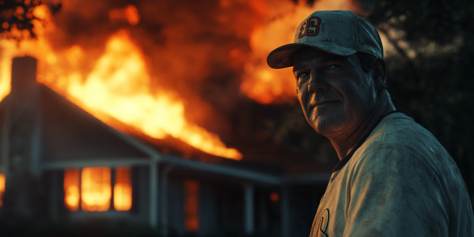 A Man in Baseball Uniform Smiles at Burning House