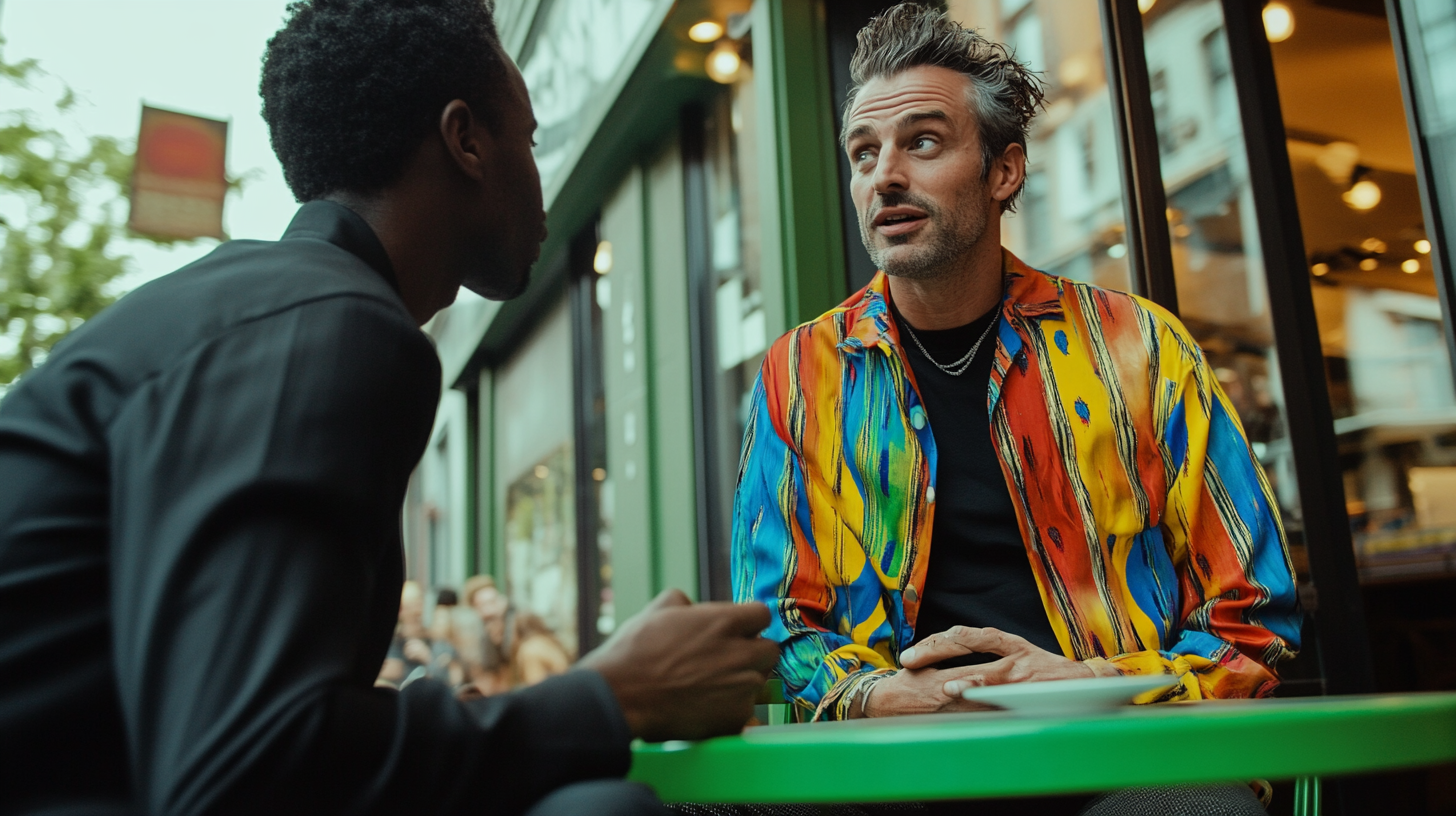 A Man in Black Talking to Colorful Stranger