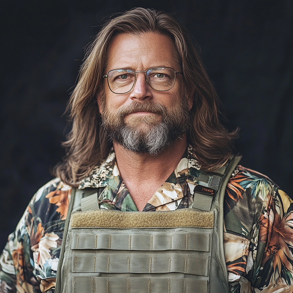 A Man in Hawaiian Shirt and Vest Smiling