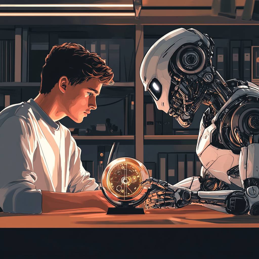 A Man in Office with Robot and Truth Orb