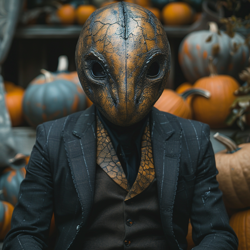 A Man in Reptiloid Mask at Halloween Party