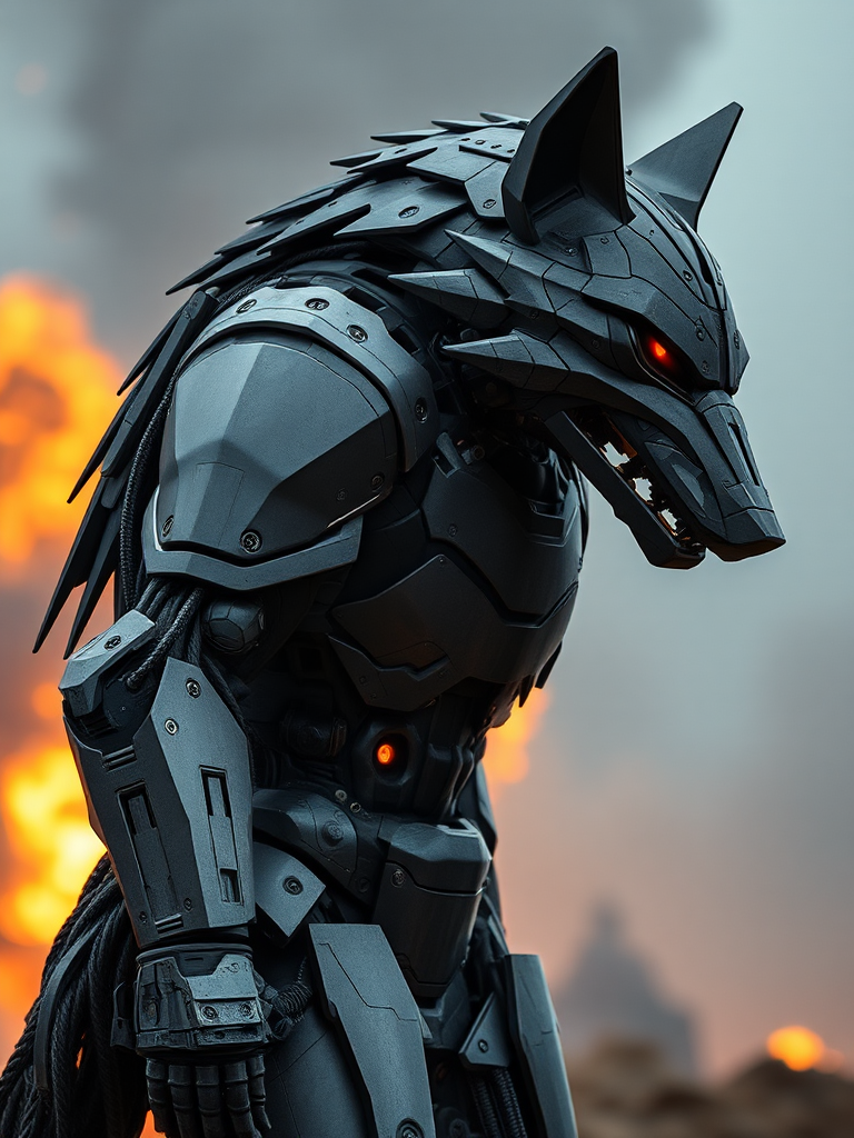 A Man in Steel Wolf Armor with Explosion