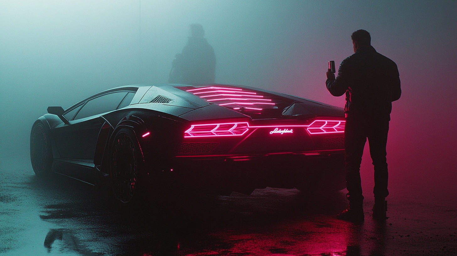 A Man with Beer By Neon-Lit Lamborghini at Night