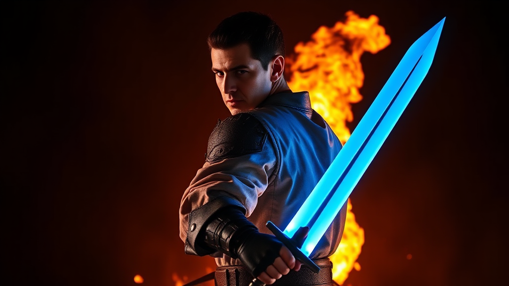 A Man with Blue Sword and Fire Backside