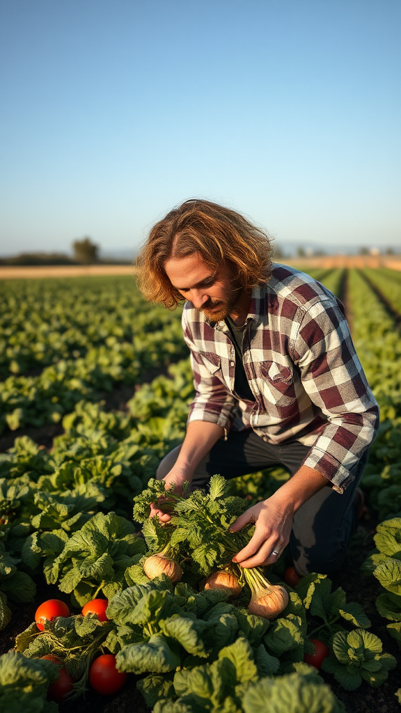 A Man with Golden Curly Hair Picking Vegetables