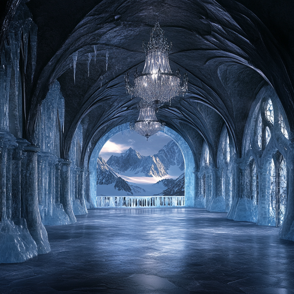 A Medieval Ballroom with Glacial Ice Ceiling, Crystal Floor.