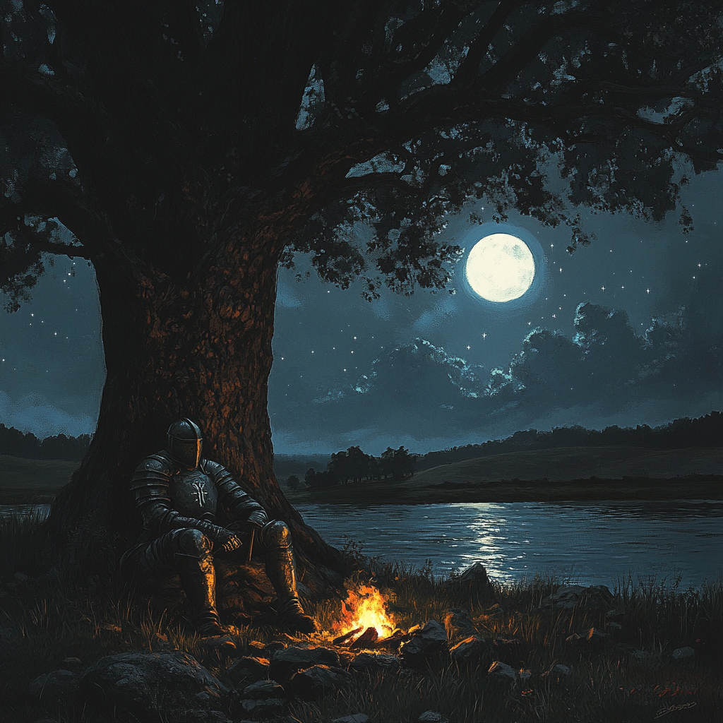 A Medieval Soldier Ponders by Moonlit Lake