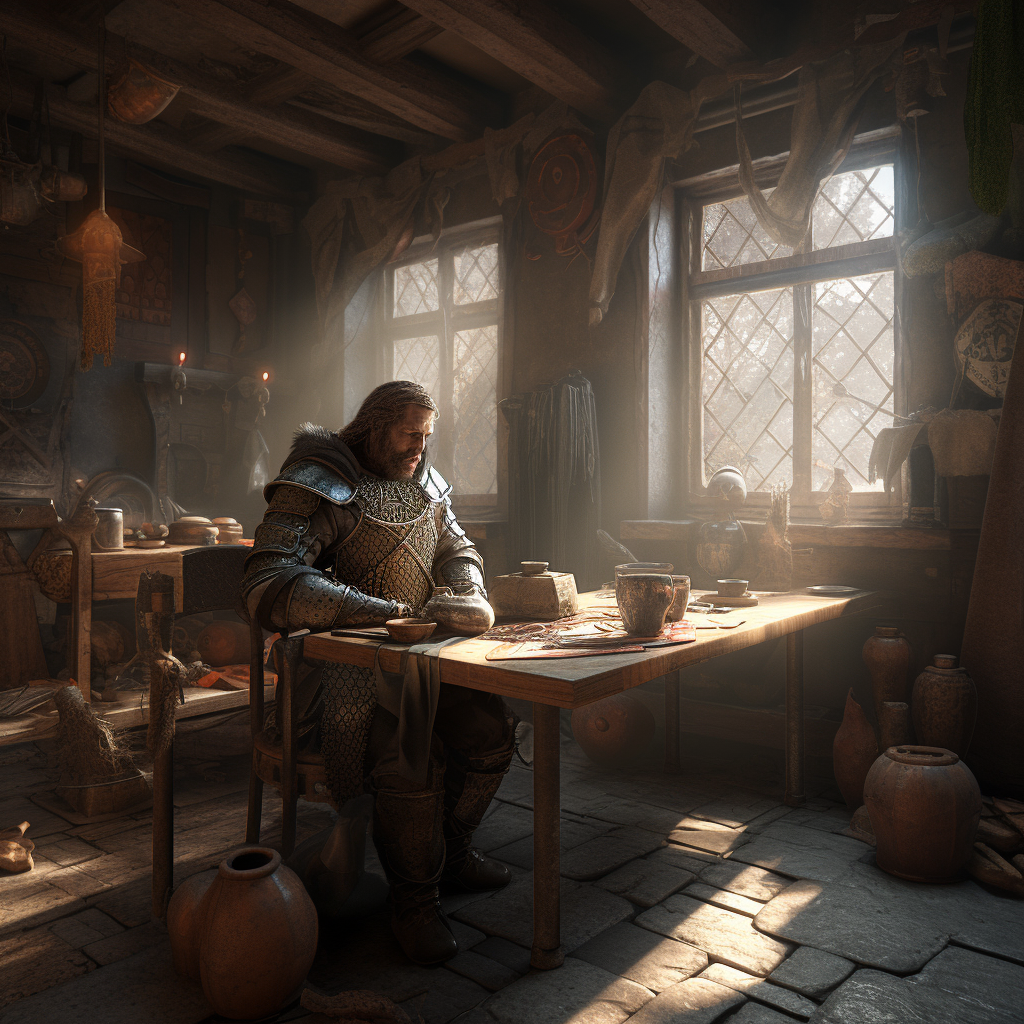 A Medieval Warrior in Rustic Tavern Morning Light