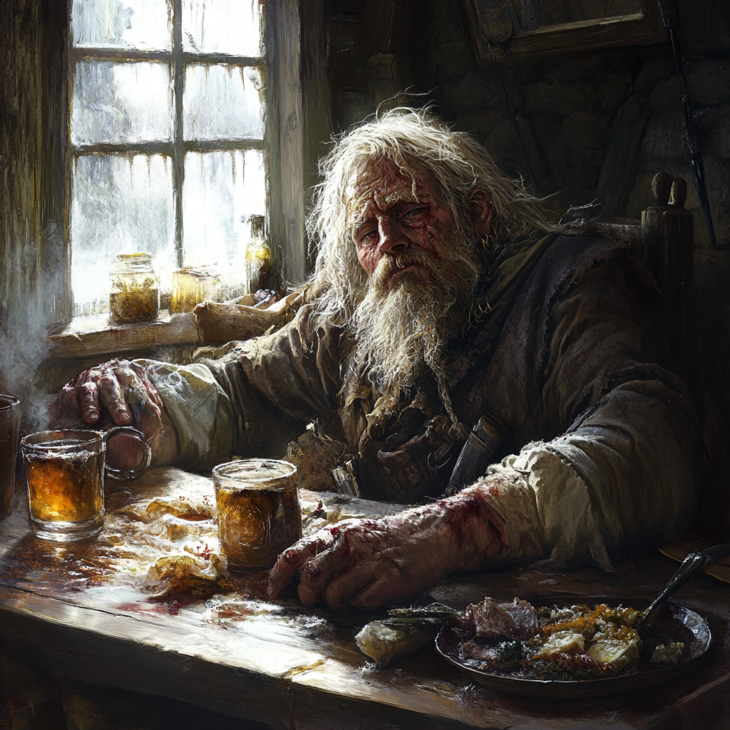 A Medieval Warrior in Tavern, Morning Light Illuminates