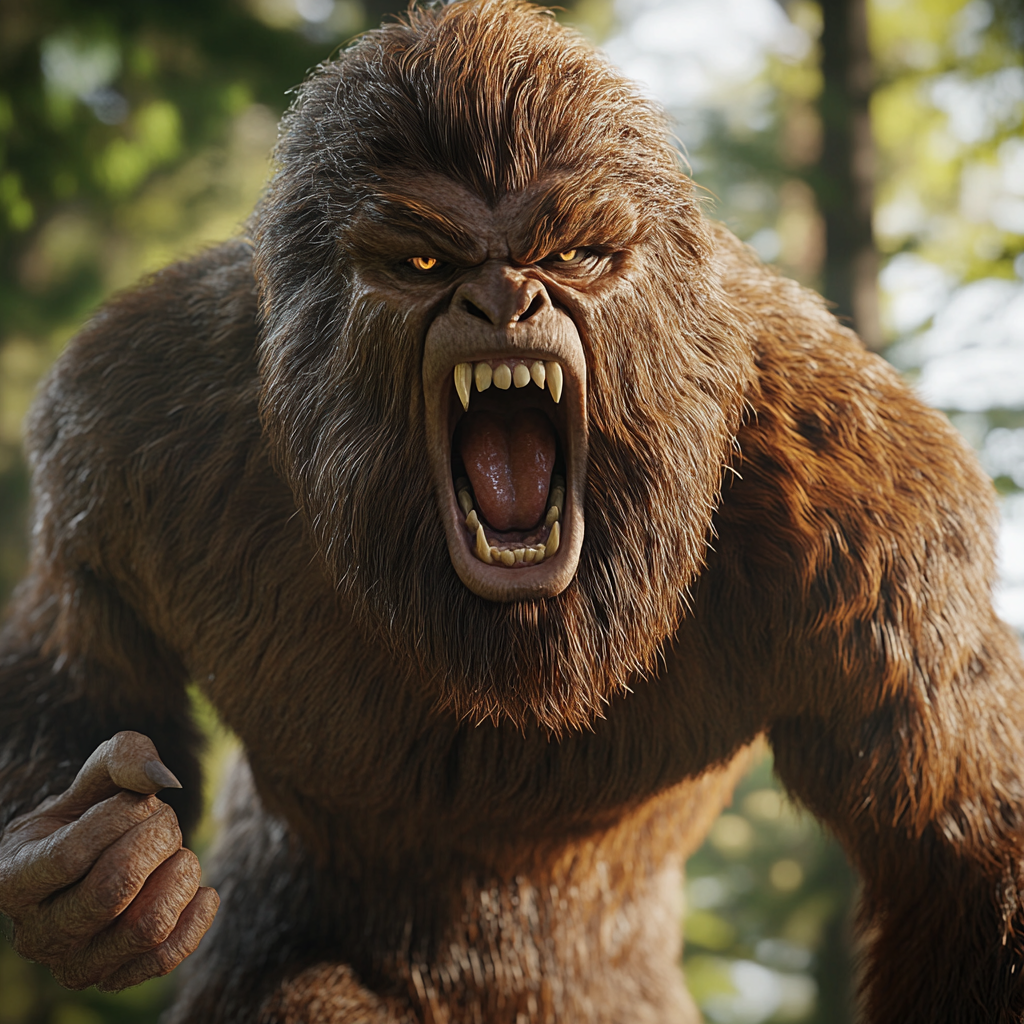 A Menacing Bigfoot Growling in Forest