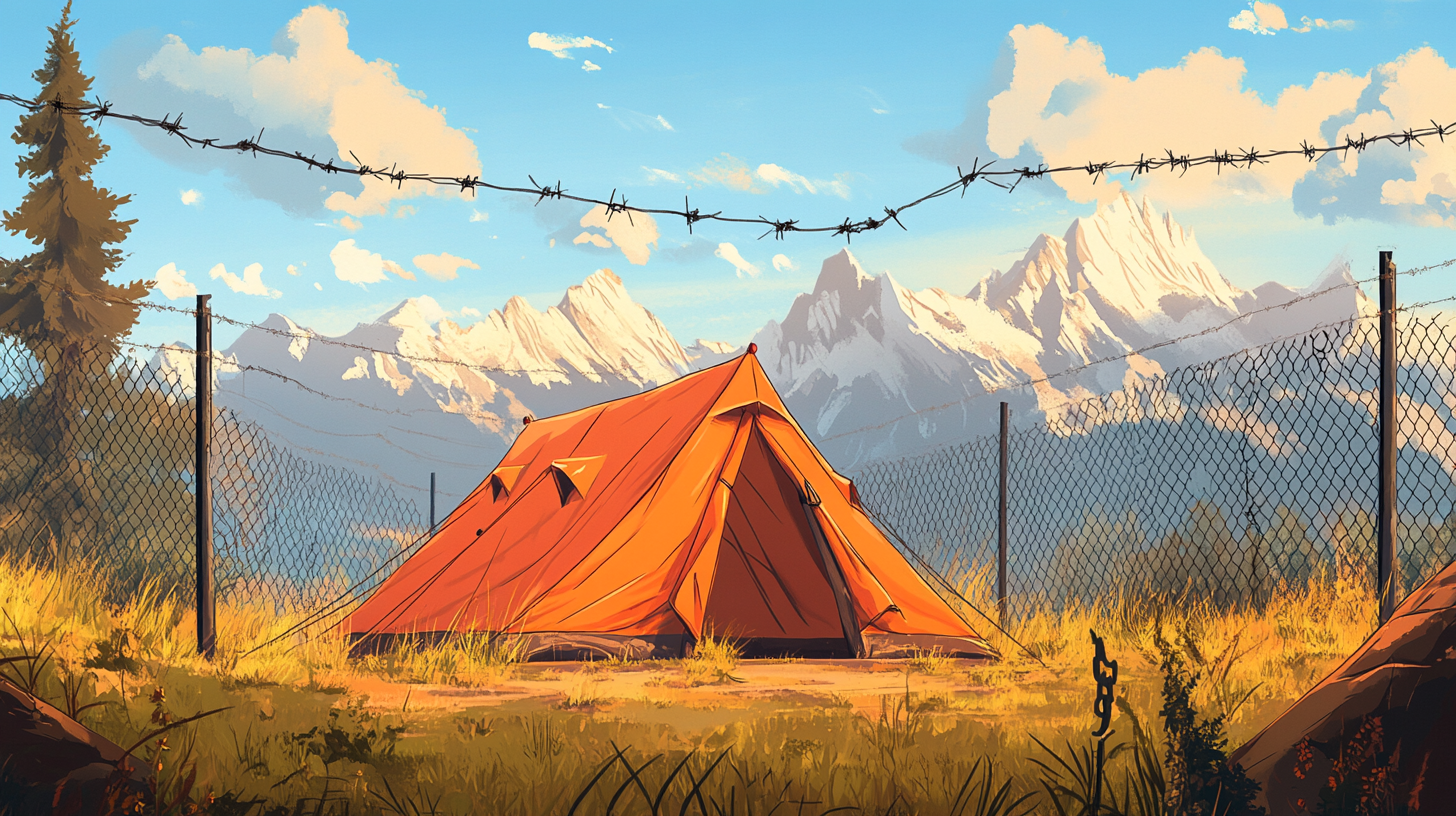 A Metal-Fenced Orange Tent in Majestic Mountains