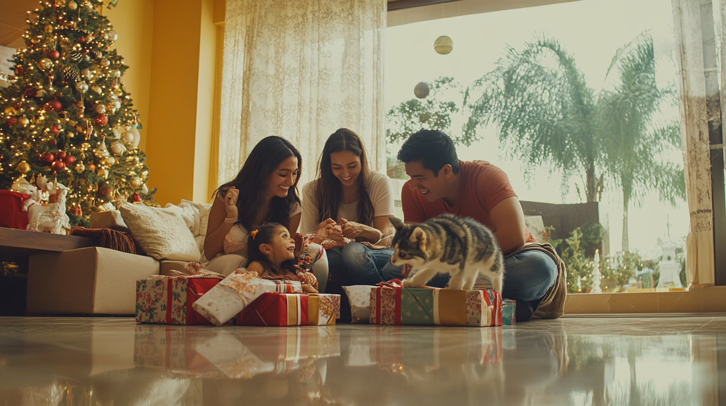 A Mexican family celebrating Christmas with pets