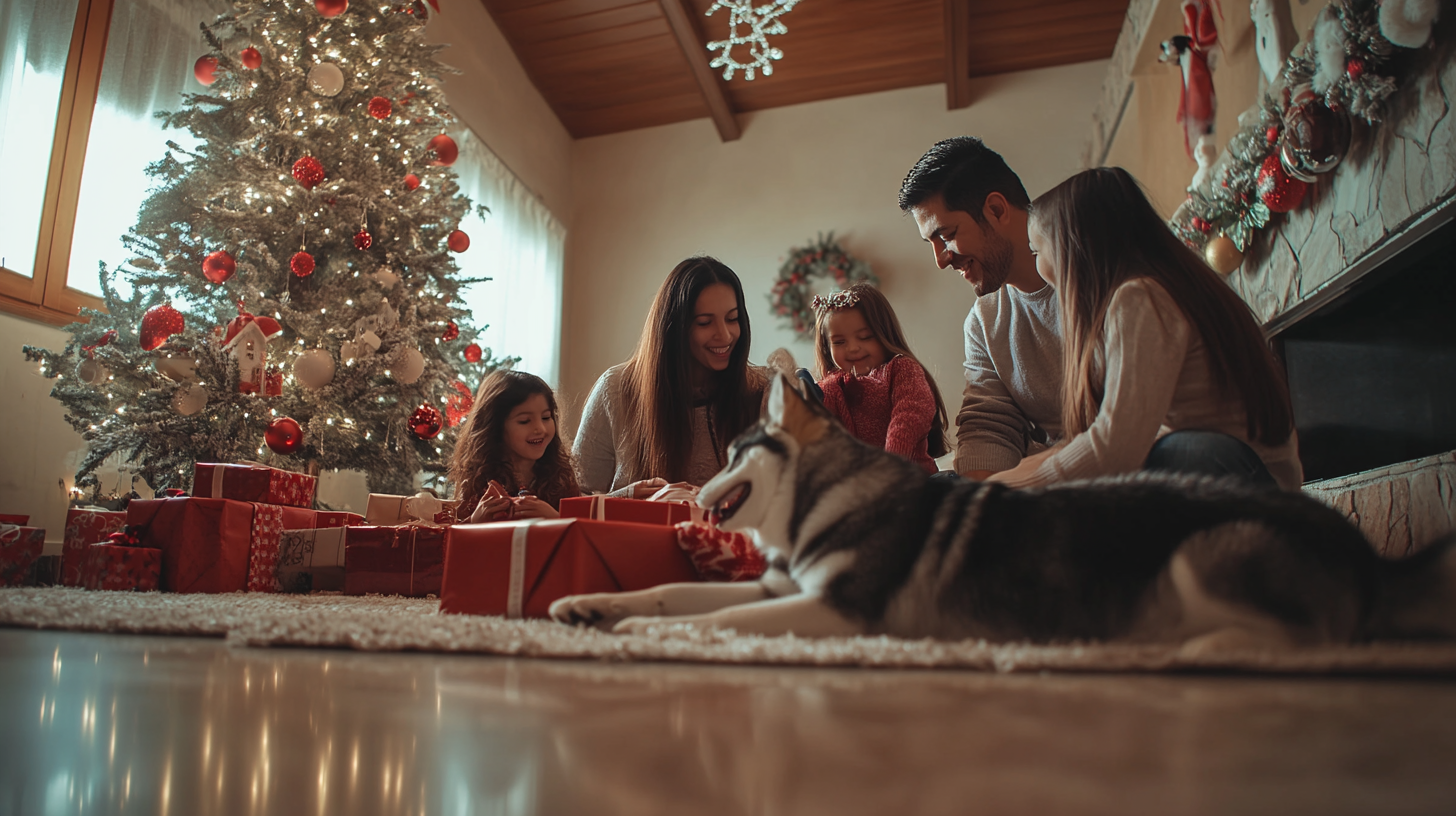 A Mexican family opens Christmas gifts with pets