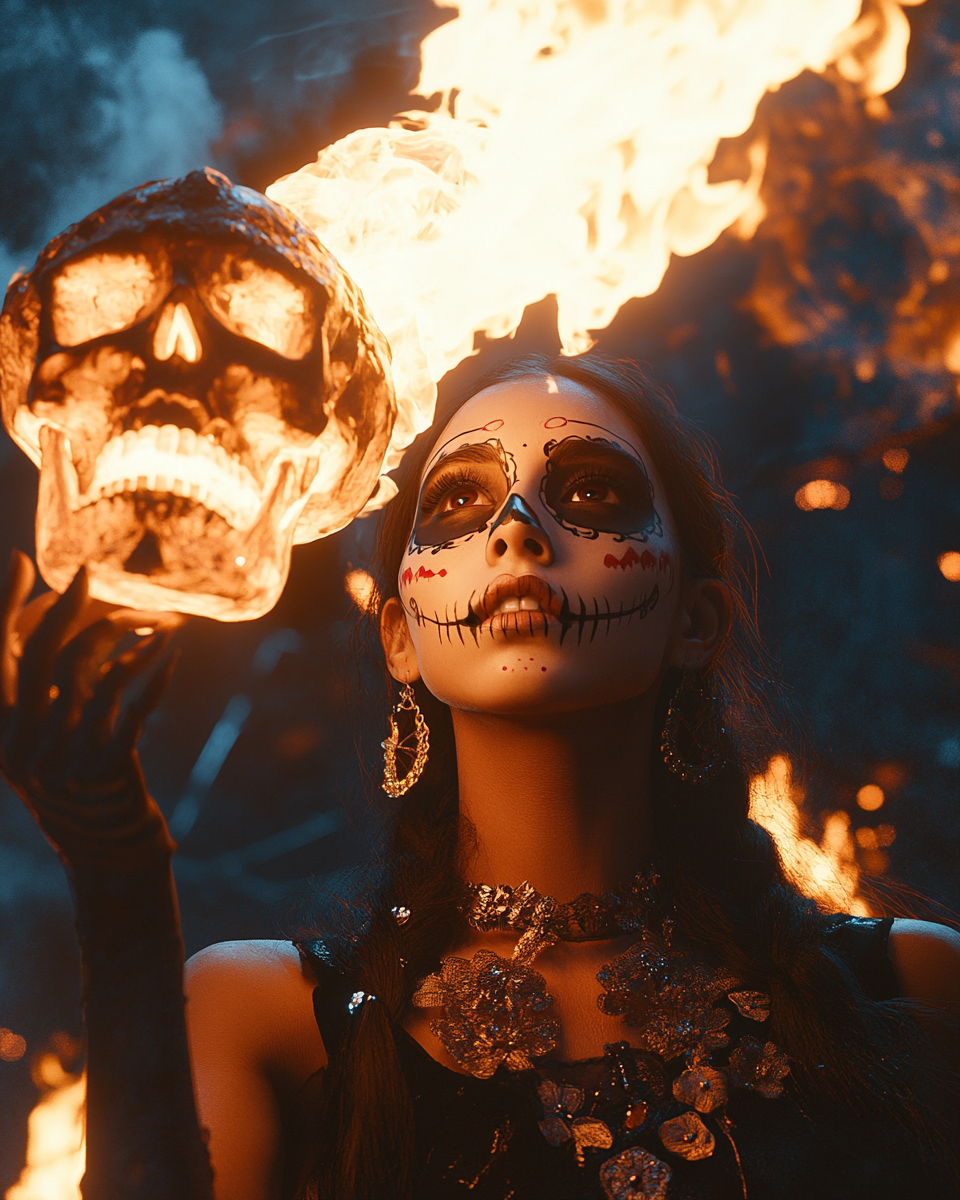 A Mexican senorita at a bonfire party holding skull.