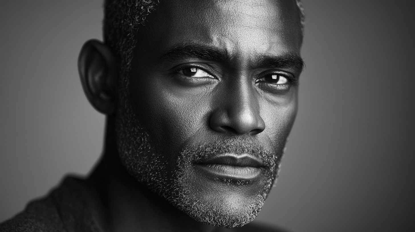 A Middle-Aged Dark-Skinned Man in Monochrome Photo