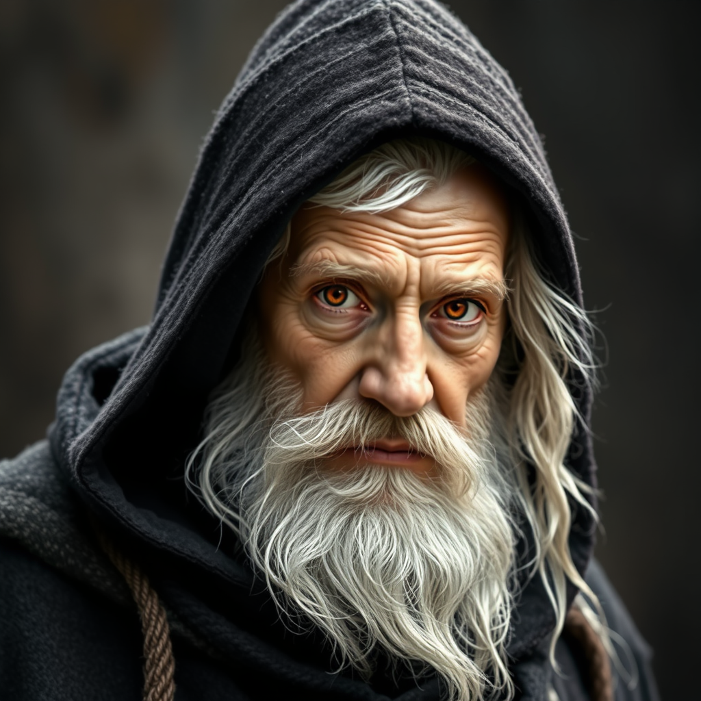 A Middle-Aged Wizard with Scarlet Eyes and Snowy Hair