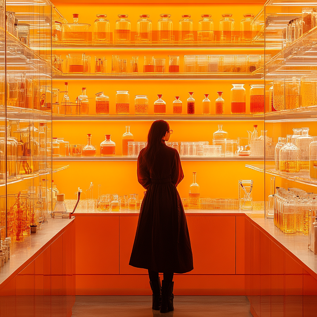 A Model in Orange Science Lab with Shelves