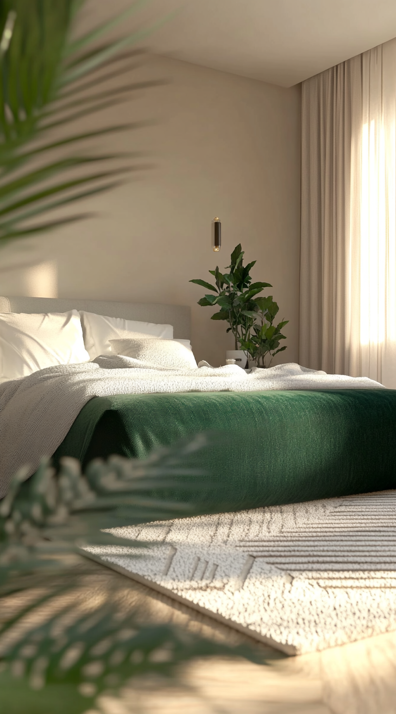 A Modern Bedroom with Green Bed and Plants