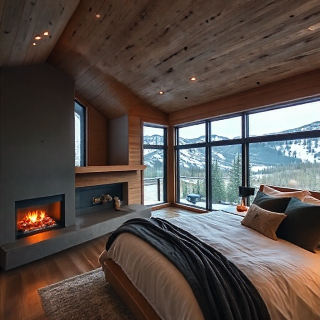 A Modern Cabin Bedroom Overlooking the Mountains