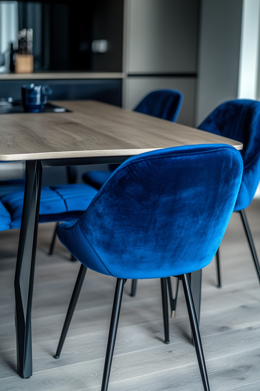 A Modern Cozy Kitchen with Dark Blue Velvet Chairs