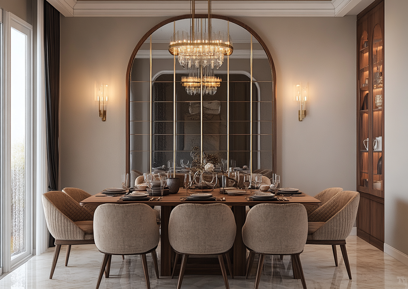 A Modern Dining Area with Large Mirror