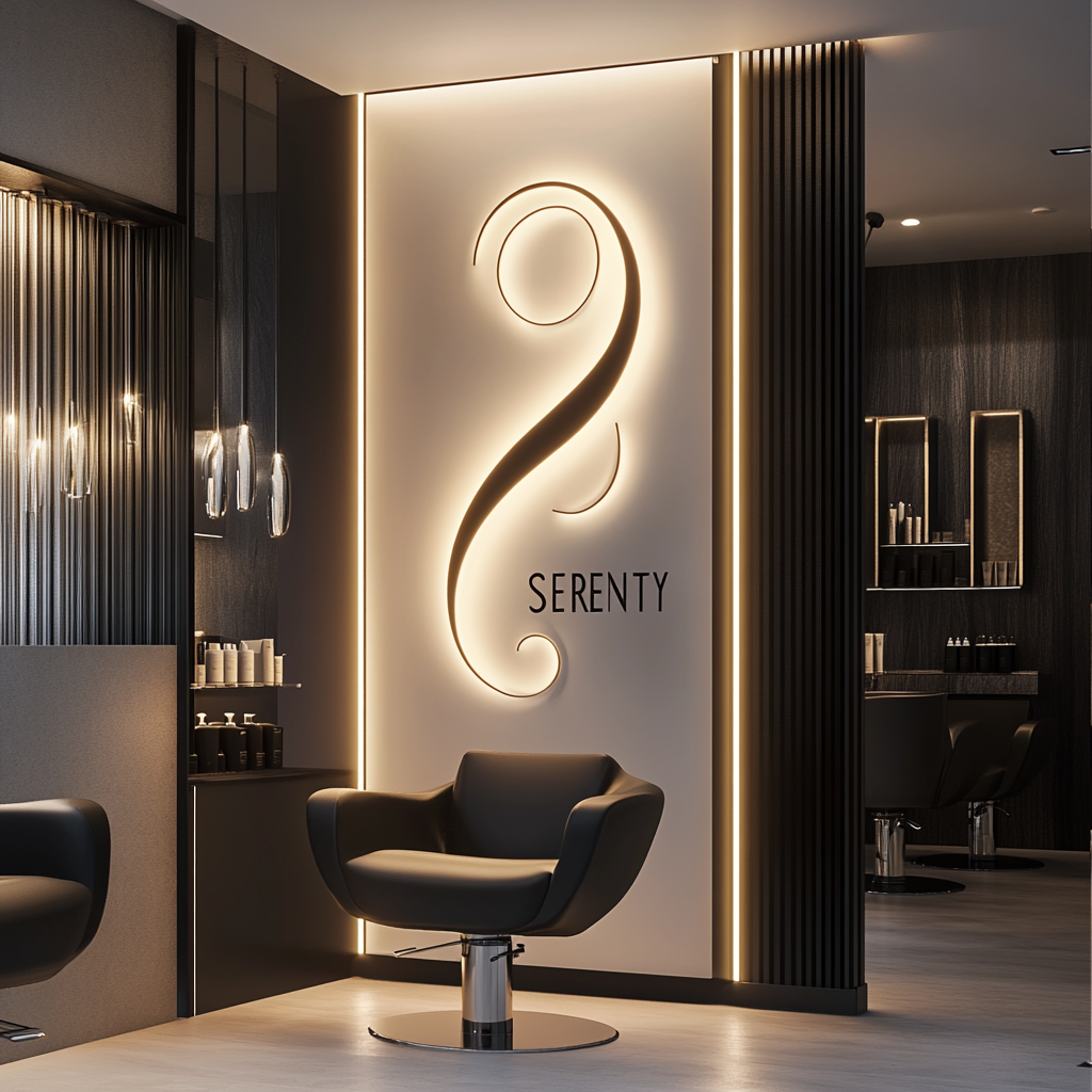 A Modern Salon with Illuminated 'Serenity' Sign