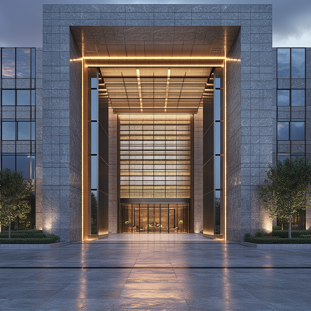 A Modern Stone Building with Lighted Lobby