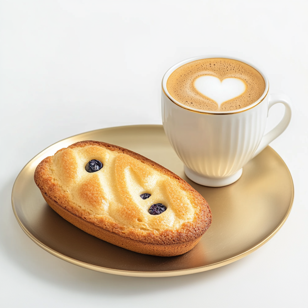 A Moist Almond Cake and Latte on Golden Plate